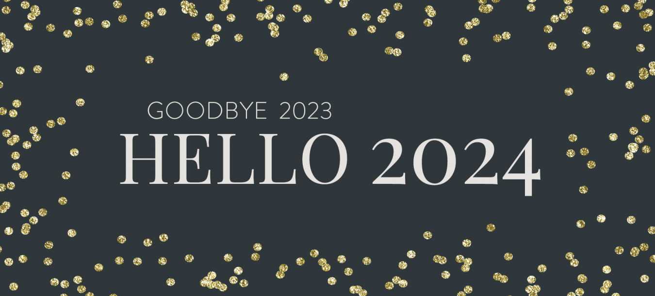 Goodbye 2023 and Hello 2024 on a black background with gold confetti